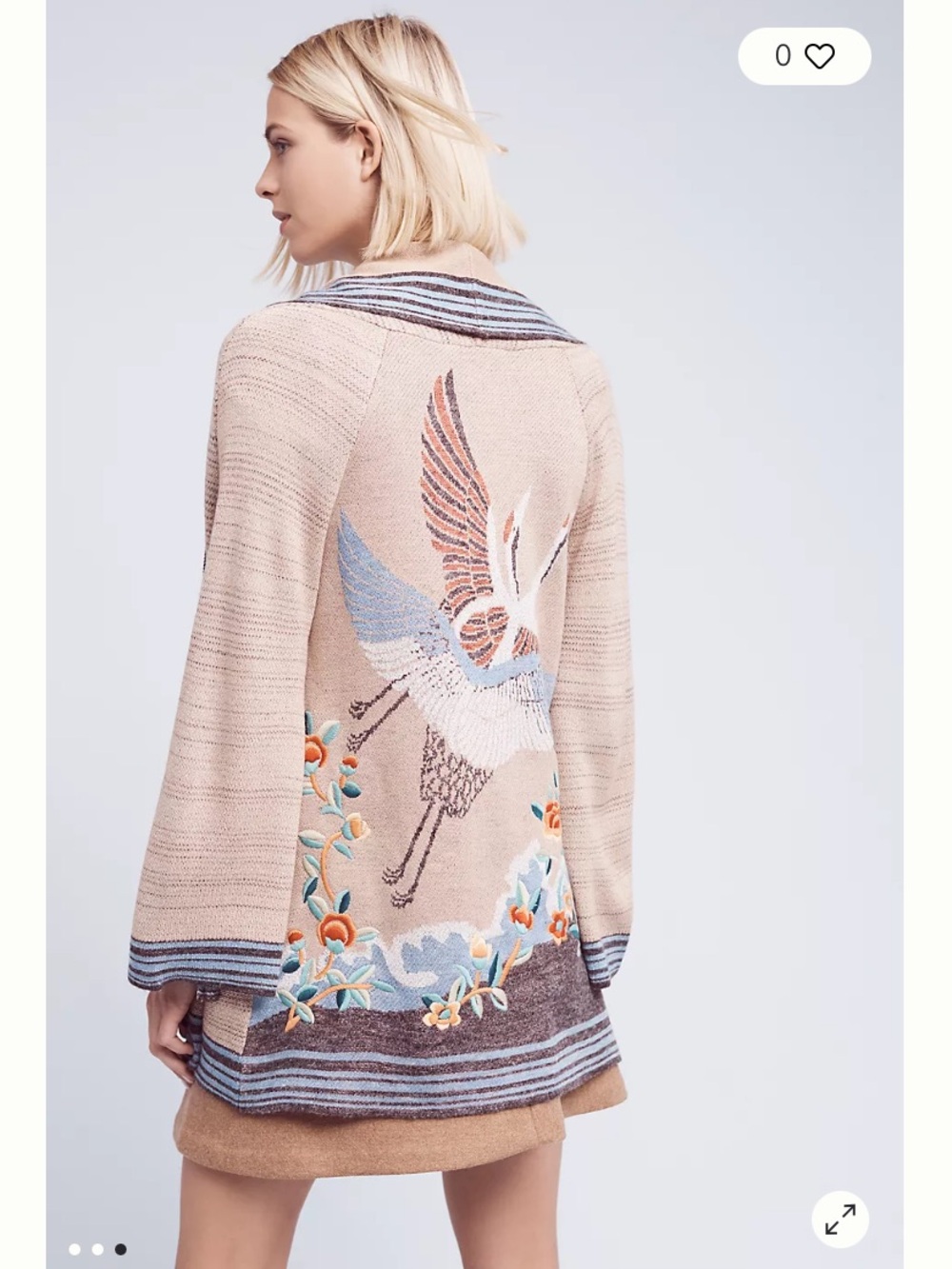 Anthropologie Beige Embroidered Crane Open-Front Wool Blend Sweater Cardigan